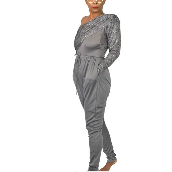 Vintage Climax One Shoulder Jumpsuit Gray Sequin Ruched Draped 70s Retro Small - Picture 6 of 15